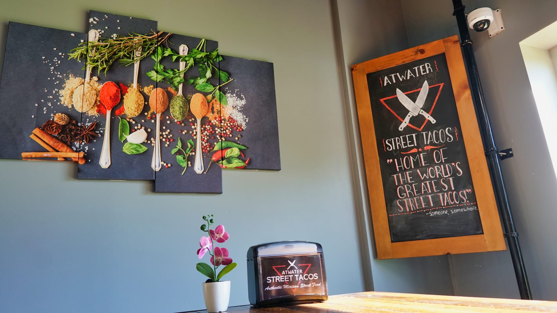 Interior of Atwater Street Tacos restaurant showing vibrant décor, cozy seating, and a welcoming dining atmosphere.