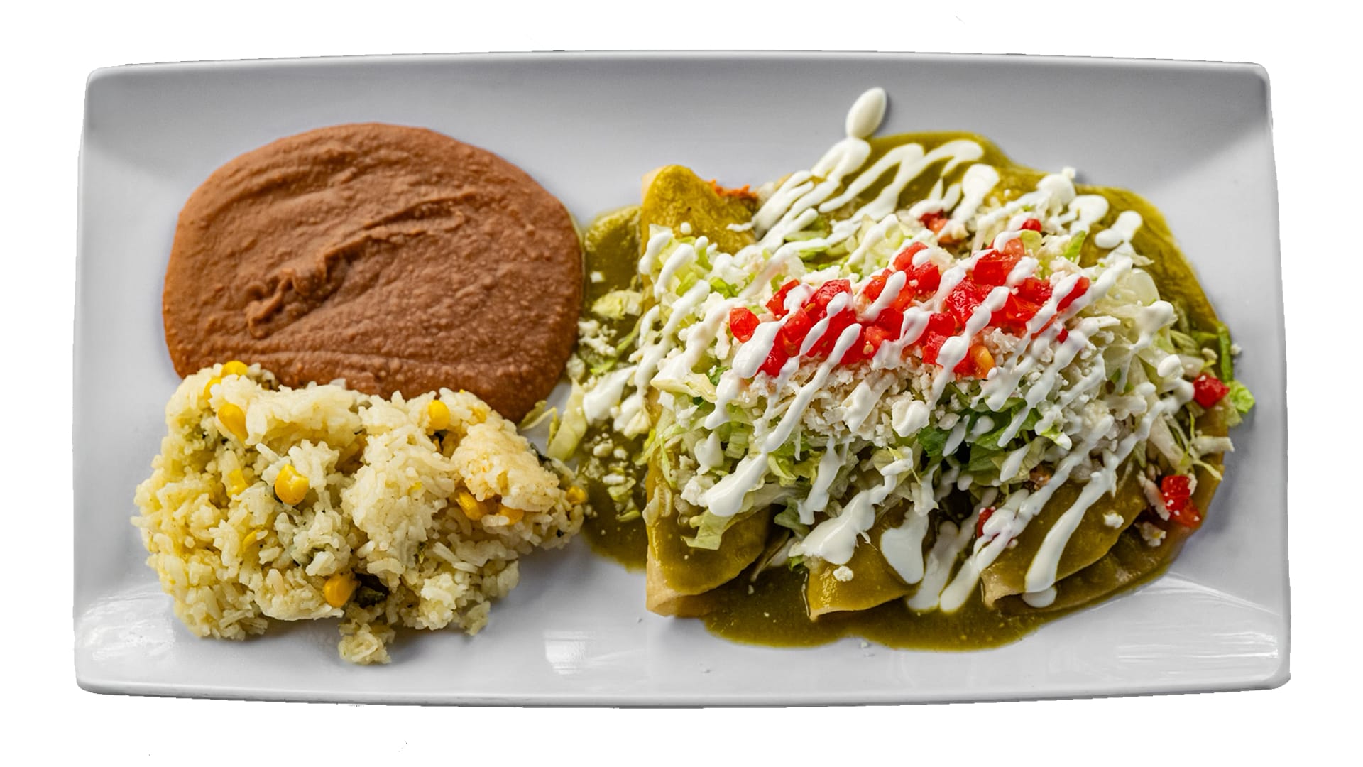 Chicken Enchiladas Rojo topped with queso fresco, lettuce, onions, and sour cream, served with Mexican rice and refried beans at Atwater Street Tacos in Monroe, MI 48162