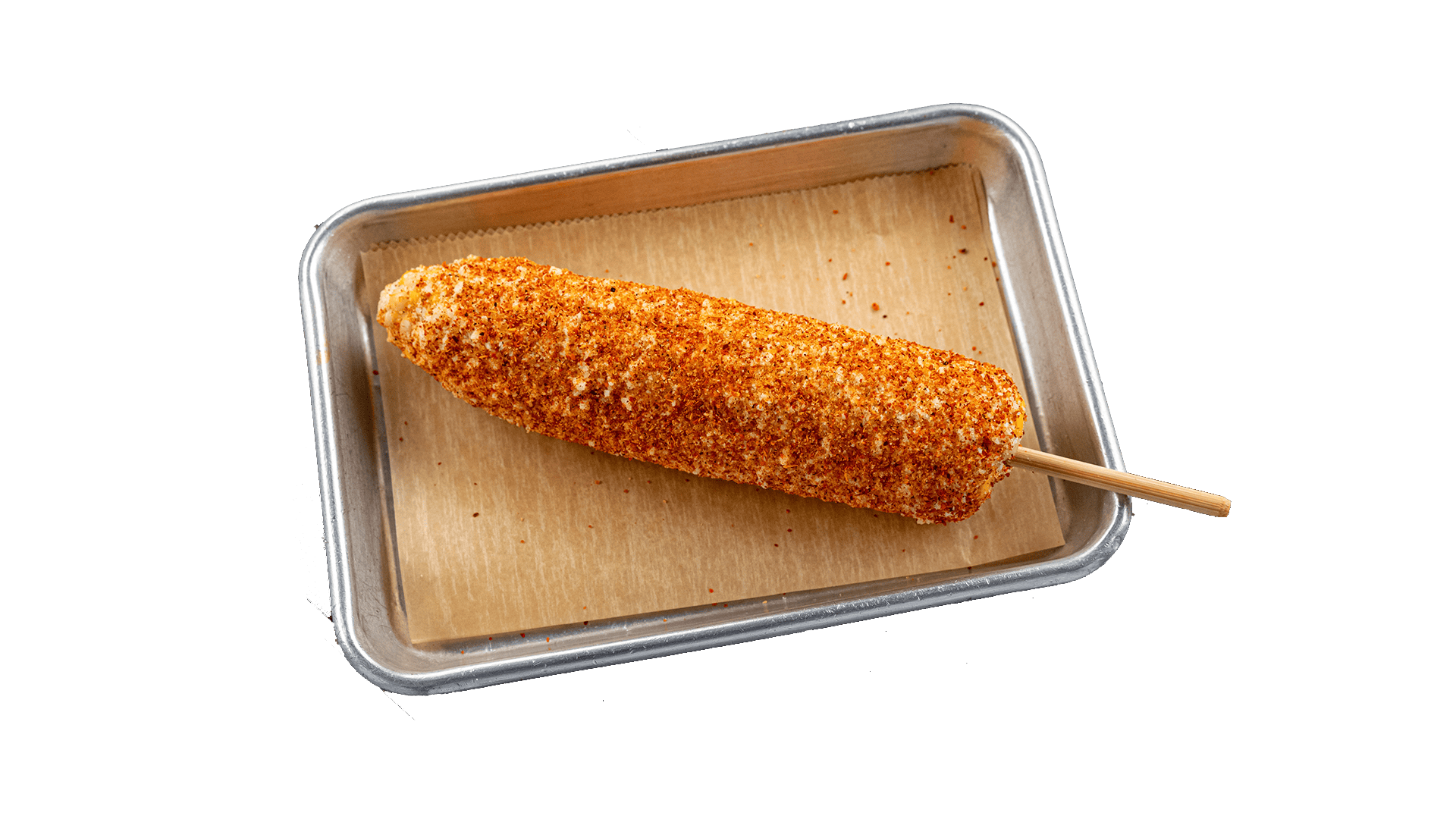 Elote Mexican street corn topped with mayonnaise, Cotija cheese, and Tajin seasoning at Atwater Street Tacos in Monroe, MI 48162